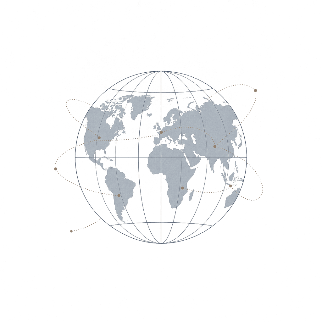 Illustrated globe in brand colours with dotted travel routes across continents